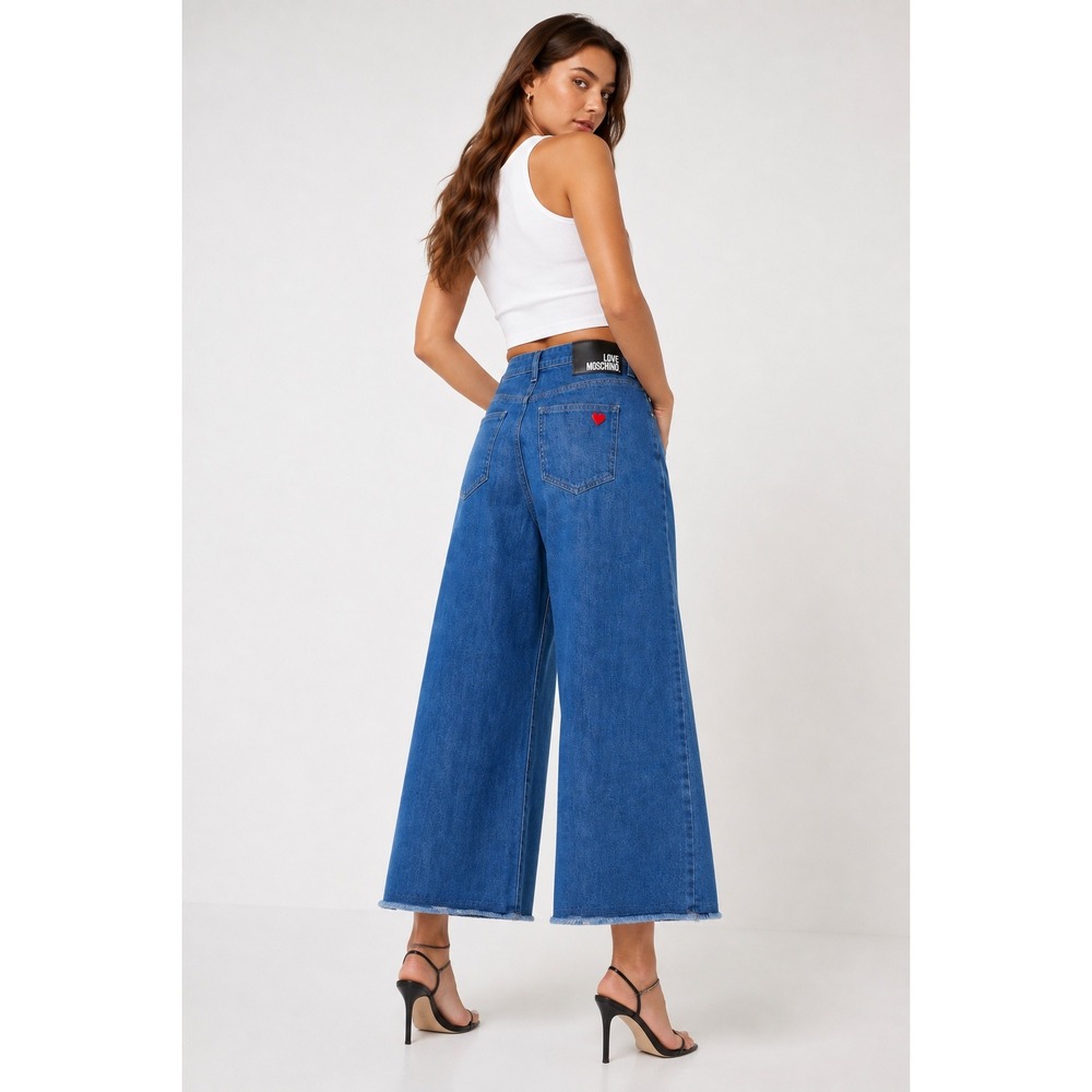 Love Moschino Blue Denim Super Wide Leg Cropped Jeans Red Heart Size 28/6